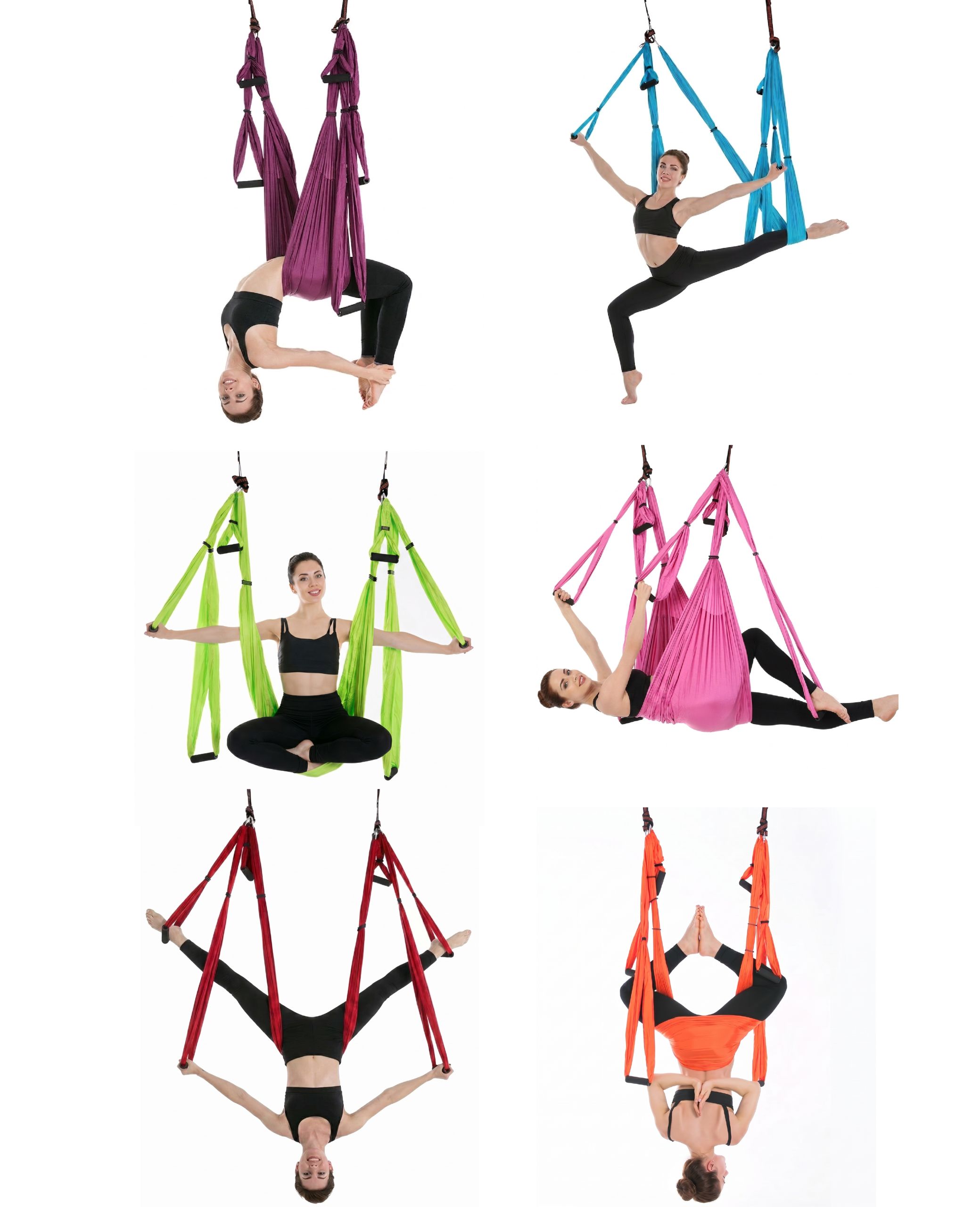 Farklı renk seçeneklerinde Yogatime kulplu yoga hamağı ile havada asılı kalarak fly yoga yapan kadın