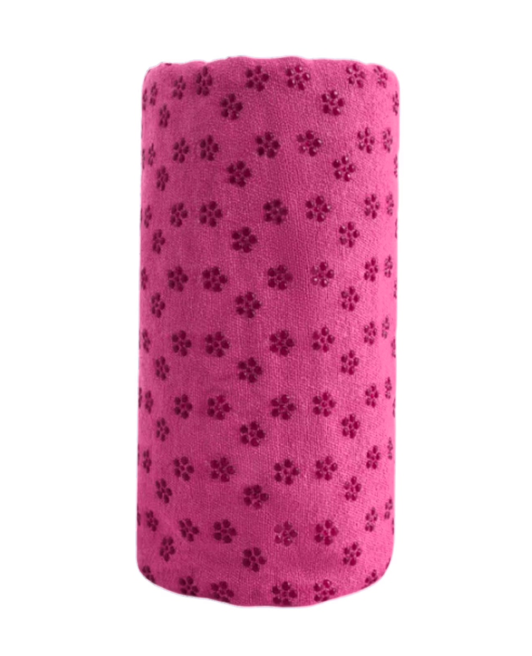 Mikrofiber ve ABS Kaymaz Tabanlı Fuşya Yogatime Yoga Mat Havlusu Sarılı Görünümü ve Doku Detayı