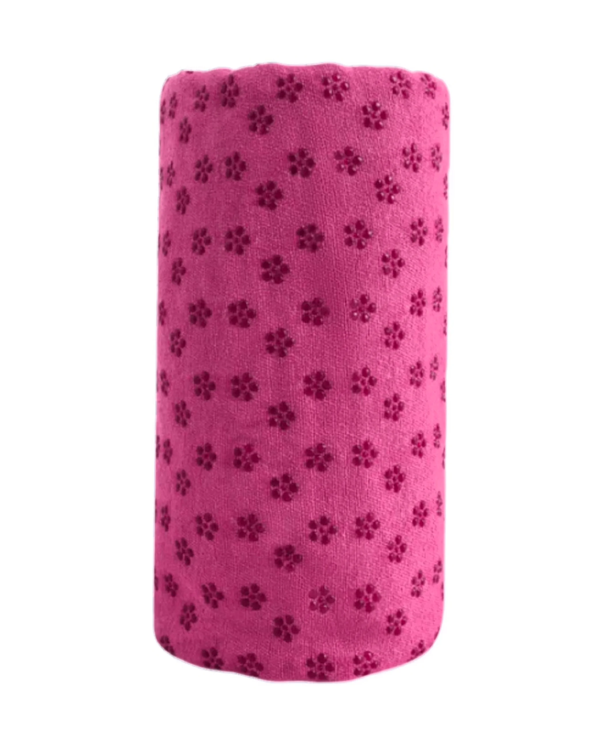 Mikrofiber ve ABS Kaymaz Tabanlı Fuşya Yogatime Yoga Mat Havlusu Sarılı Görünümü ve Doku Detayı