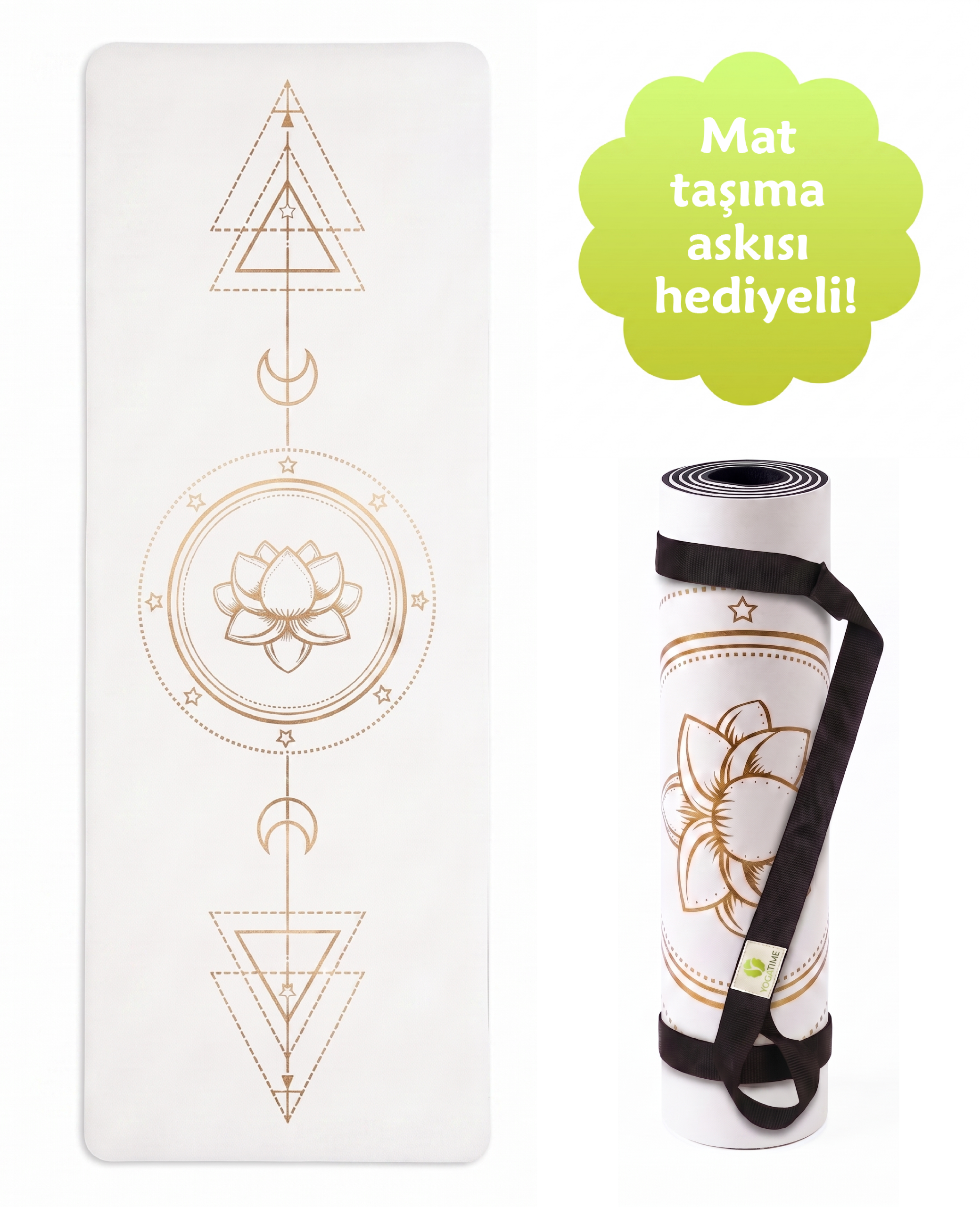 Bedeni doğru hizalamaya yardımcı altın işlemeli 5mm beyaz kauçuk yoga matı