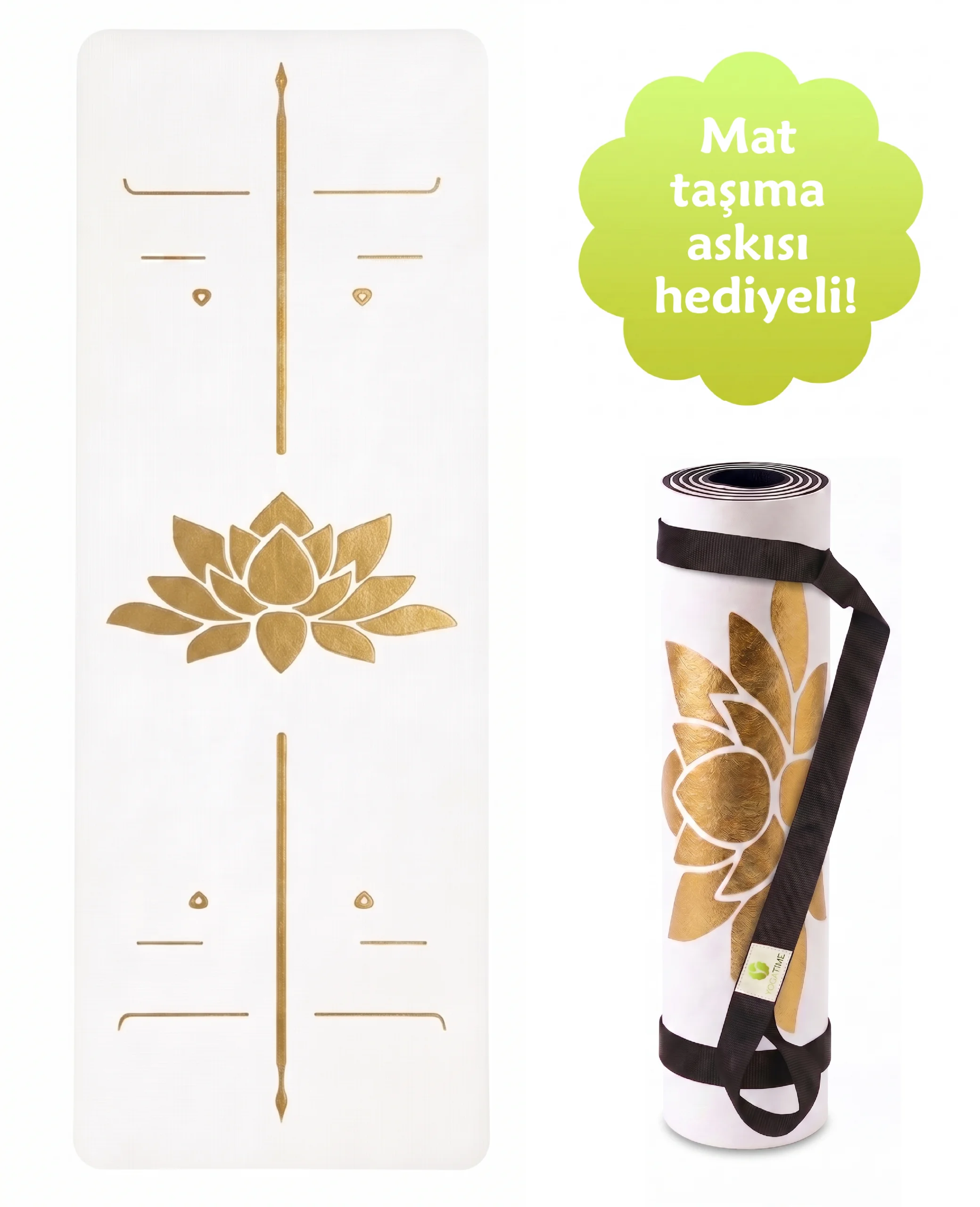 Bedeni doğru hizalamaya yardımcı altın işlemeli 5mm beyaz kauçuk yoga matı