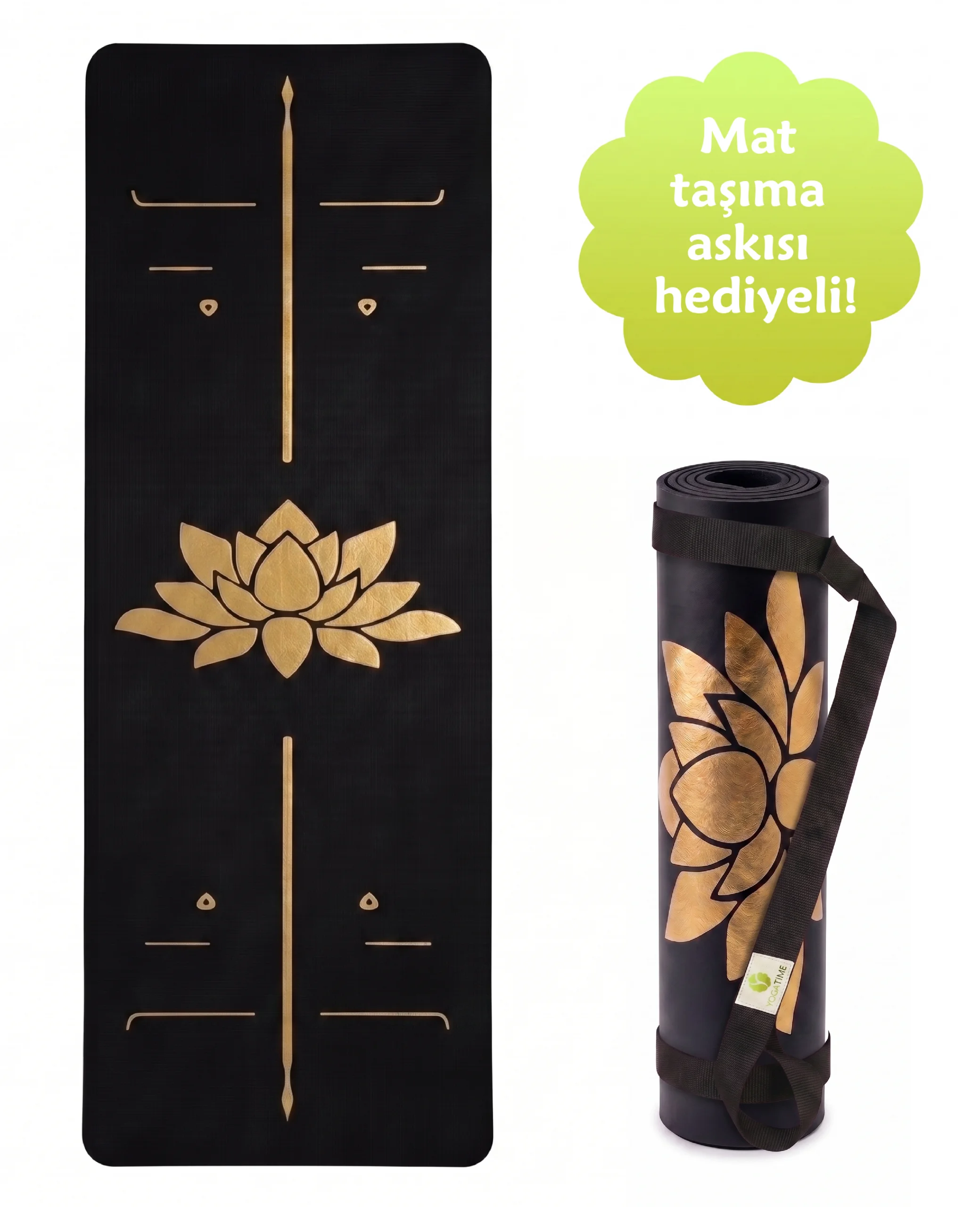 Bedeni doğru hizalamaya yardımcı altın işlemeli 5mm siyah kauçuk yoga matı