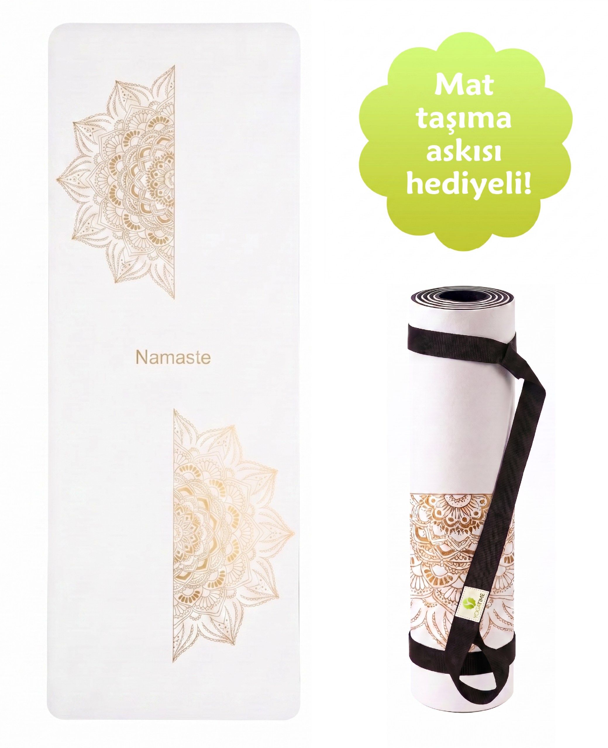 Bedeni doğru hizalamaya yardımcı altın işlemeli 5mm beyaz kauçuk yoga matı
