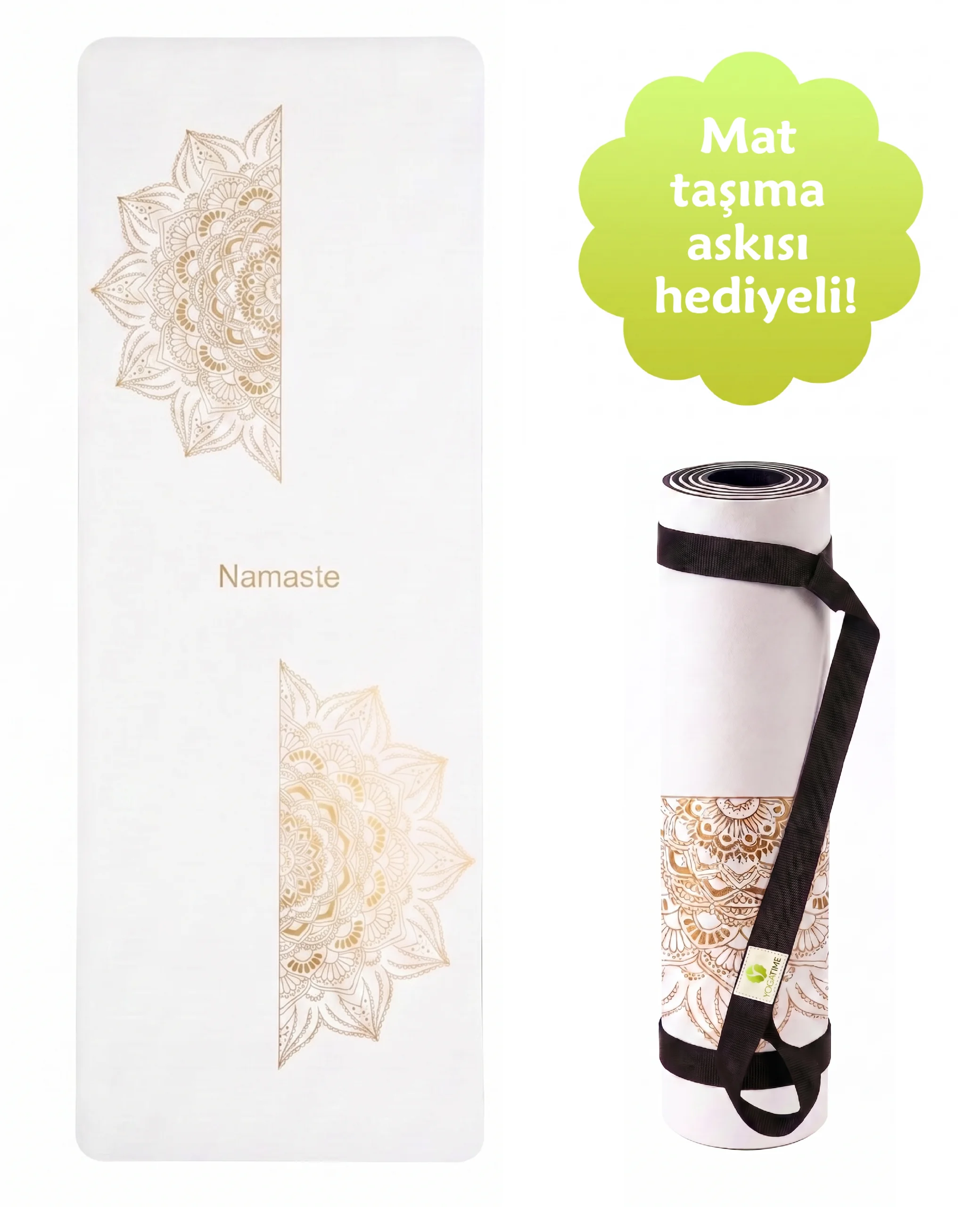 Bedeni doğru hizalamaya yardımcı altın işlemeli 5mm beyaz kauçuk yoga matı