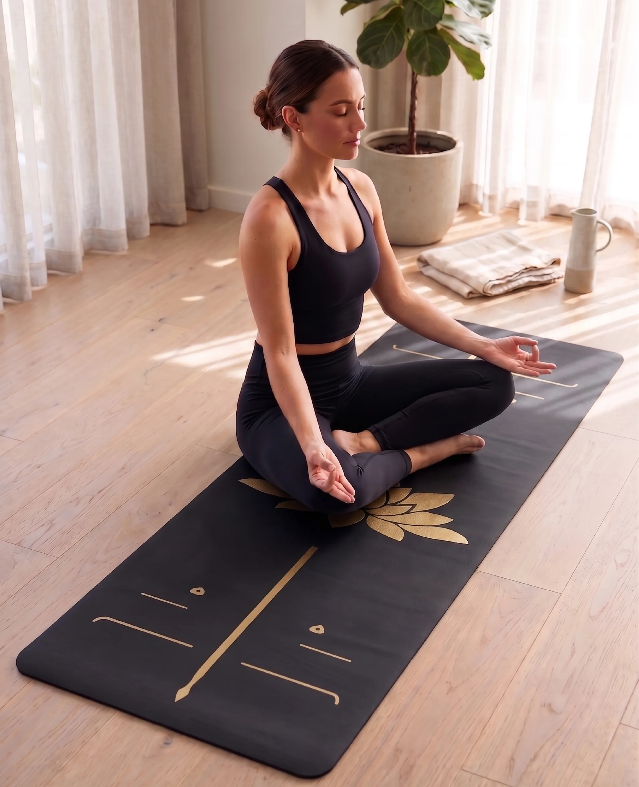 Bedeni doğru hizalamaya yardımcı altın işlemeli 5mm siyah kauçuk yoga matı kullanımı